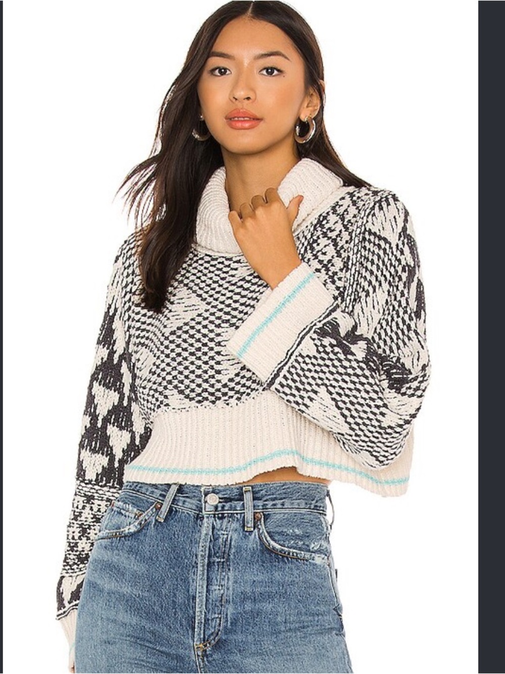 Free People Black & Cream Patterned Cropped Cowl Neck Sweater